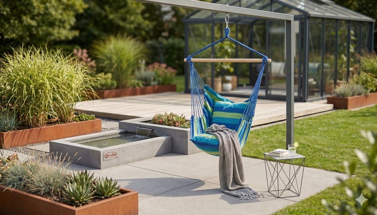 Jet-Line | Relax IV | Hamaca | Hamaca | Silla colgante | Interior | Exterior | con travesaño de madera | Silla colgante | Asiento mecedora | Azul | Rayas | 2 Cojines