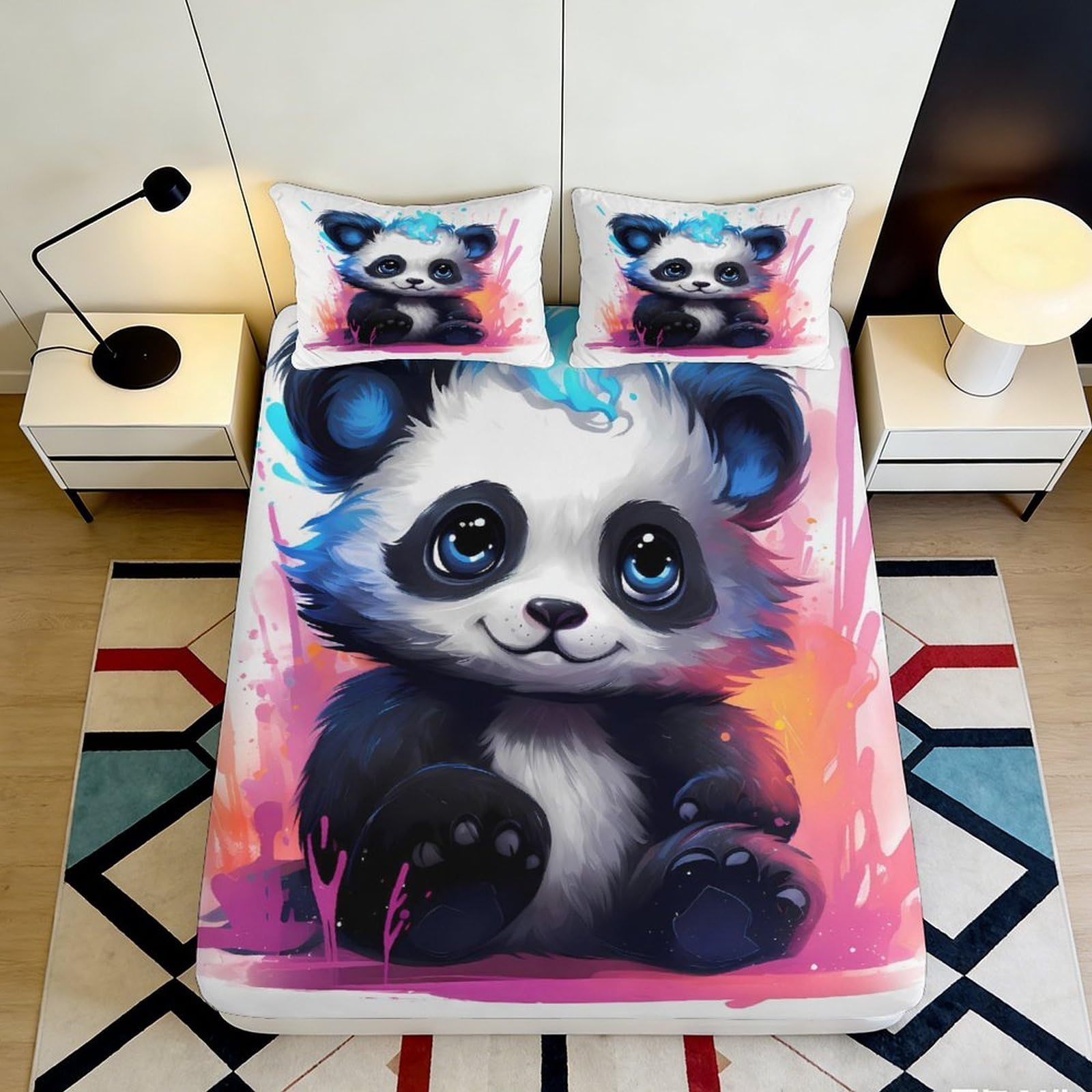 3D Printed Cute Panda Fitted Sheet Microfiber Soft Breathable Cartoon Animal Bed Cover for Bedroom Guest Room Dorm Decor 90x200x25cm
