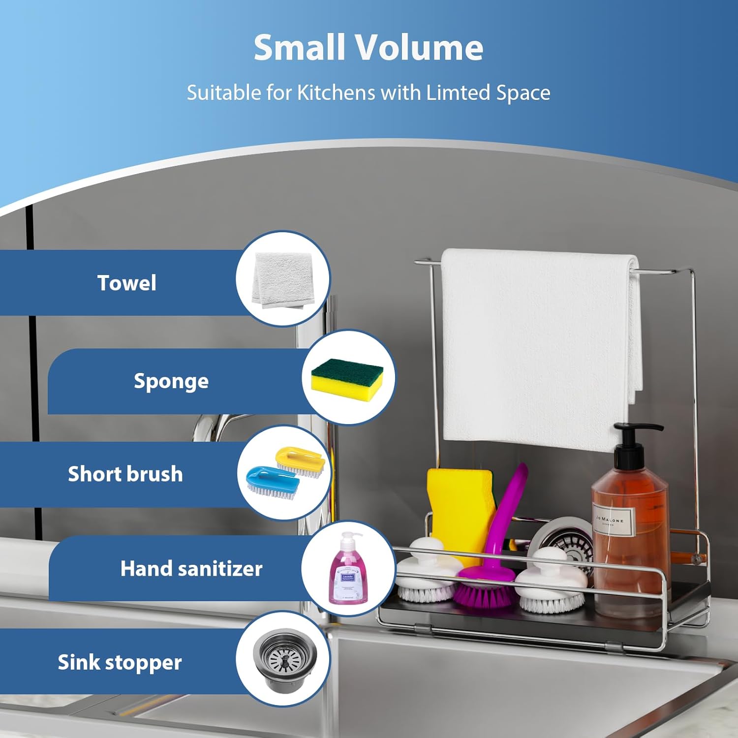 KABUM 304 Stainless Steel Sponge Holder with Towel Rack for Kitchen Sink, Sink Caddy with 4 Non-Slip Silicone Pads, Kitchen Essential Countertop Storage & Organization, Rustproof 304 Stainless Steel