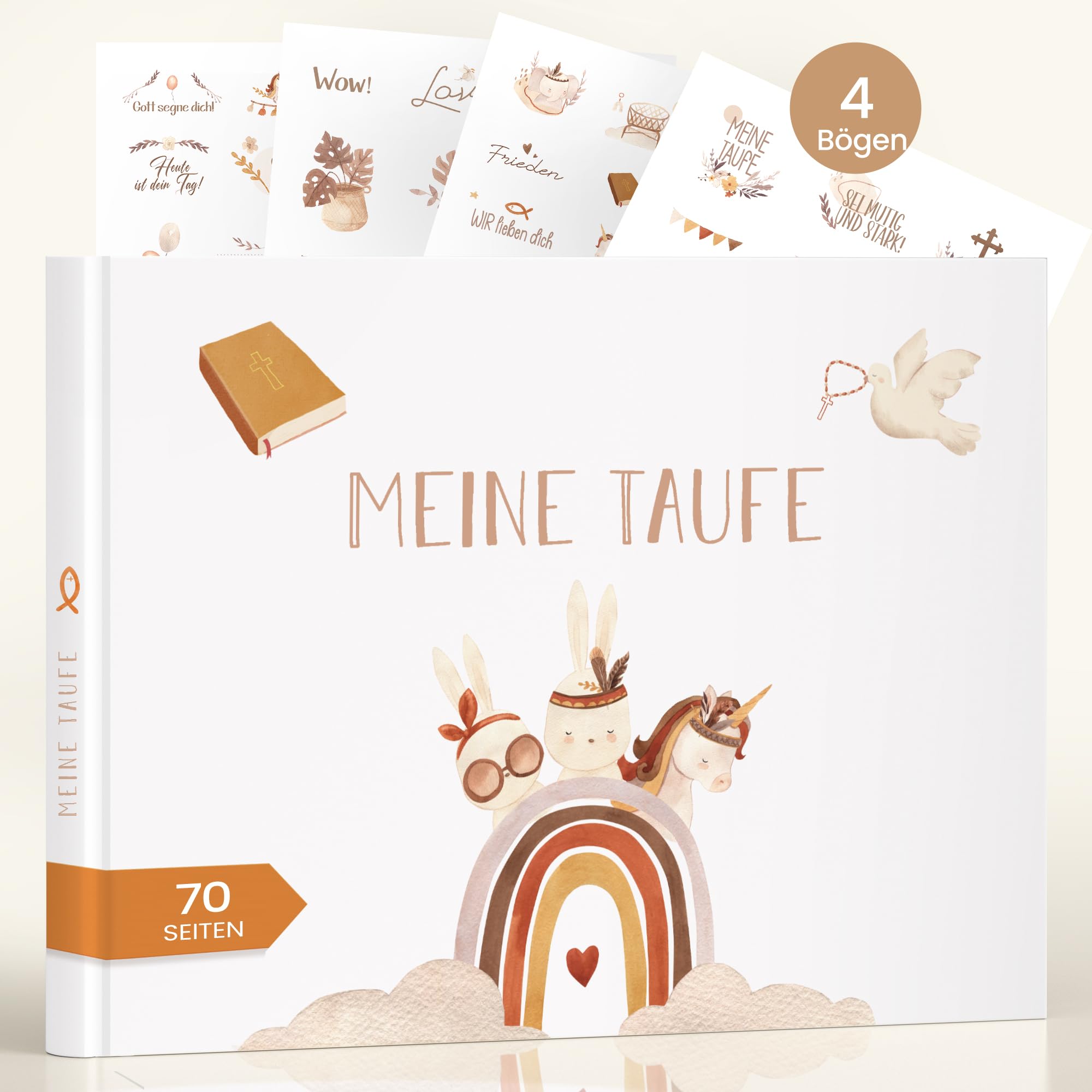 Legezon Meine Taufe Gästebuch mit Stickern – Taufalbum Boho für Mädchen & Jungen – Taufgeschenk für Patenkind & Baby – Hochwertiges Erinnerungsbuch mit Regenbogen Deko