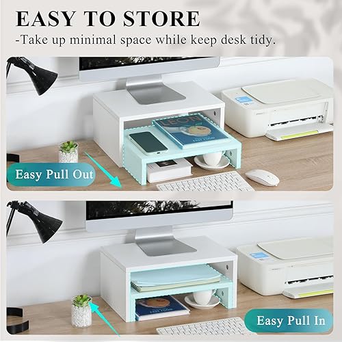 Miniatura 3 de TEAMIX Soporte elevador de monitor blanco ajustable, paquete de 2, soporte ajustable de madera de 2 niveles para 2 monitoresportátilPC