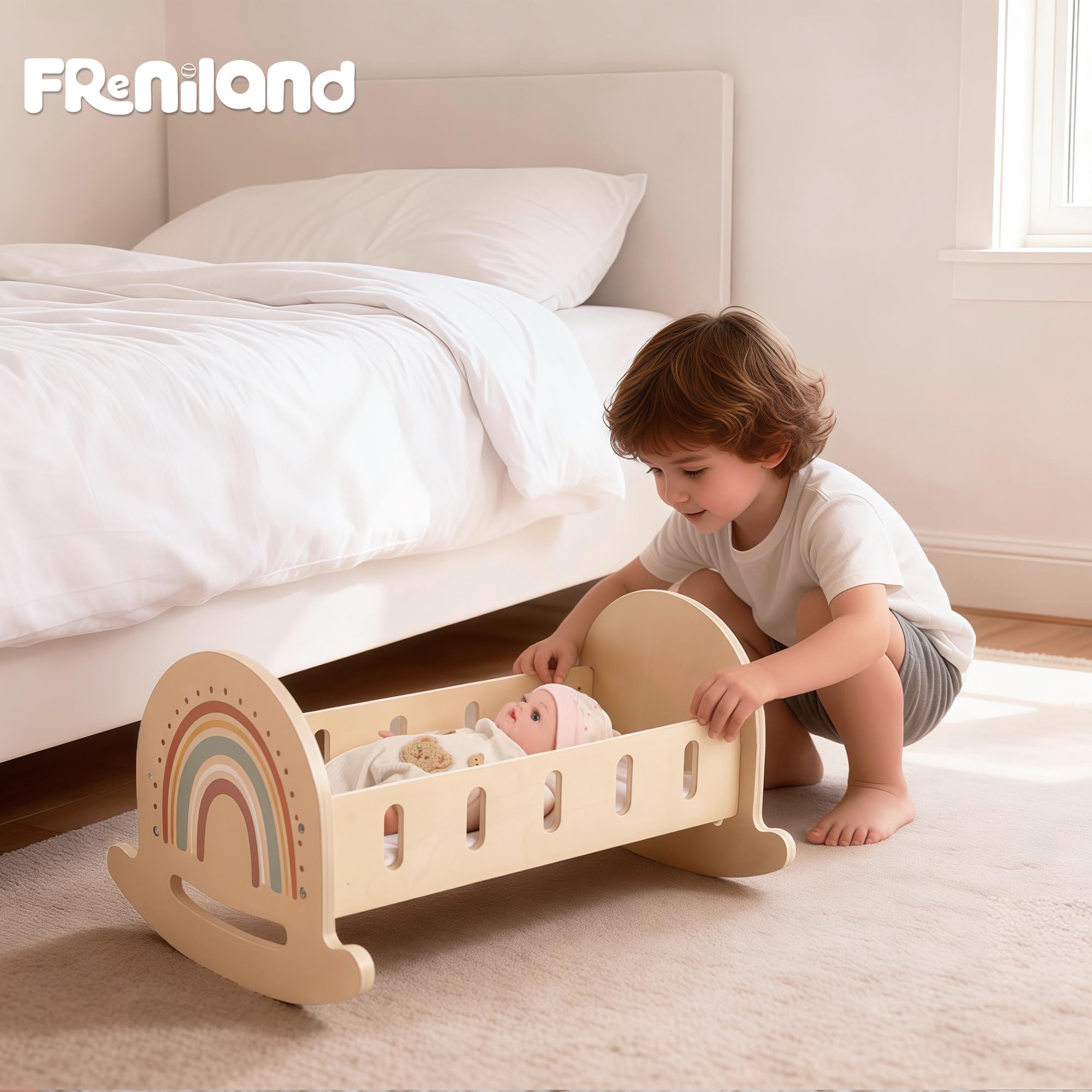 FReniland Baby-Puppenwiege mit 1 Kissen & 1 Kissen
