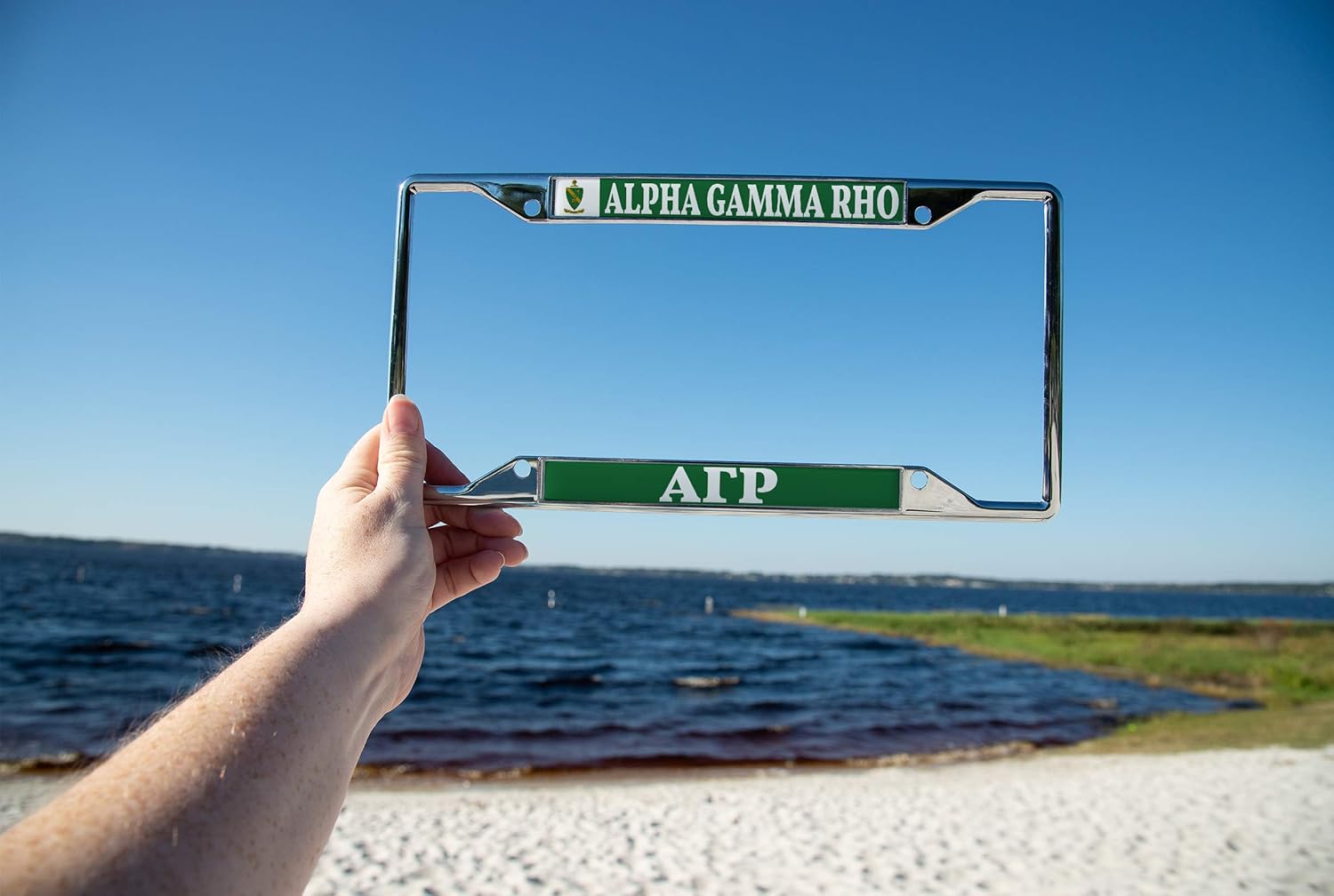 Desert Cactus Alpha Gamma Rho Car Accessories AGR Fraternity Metal License Plate Frame and Tag Holder for Front or Rear of Car (Crest LP Frame)