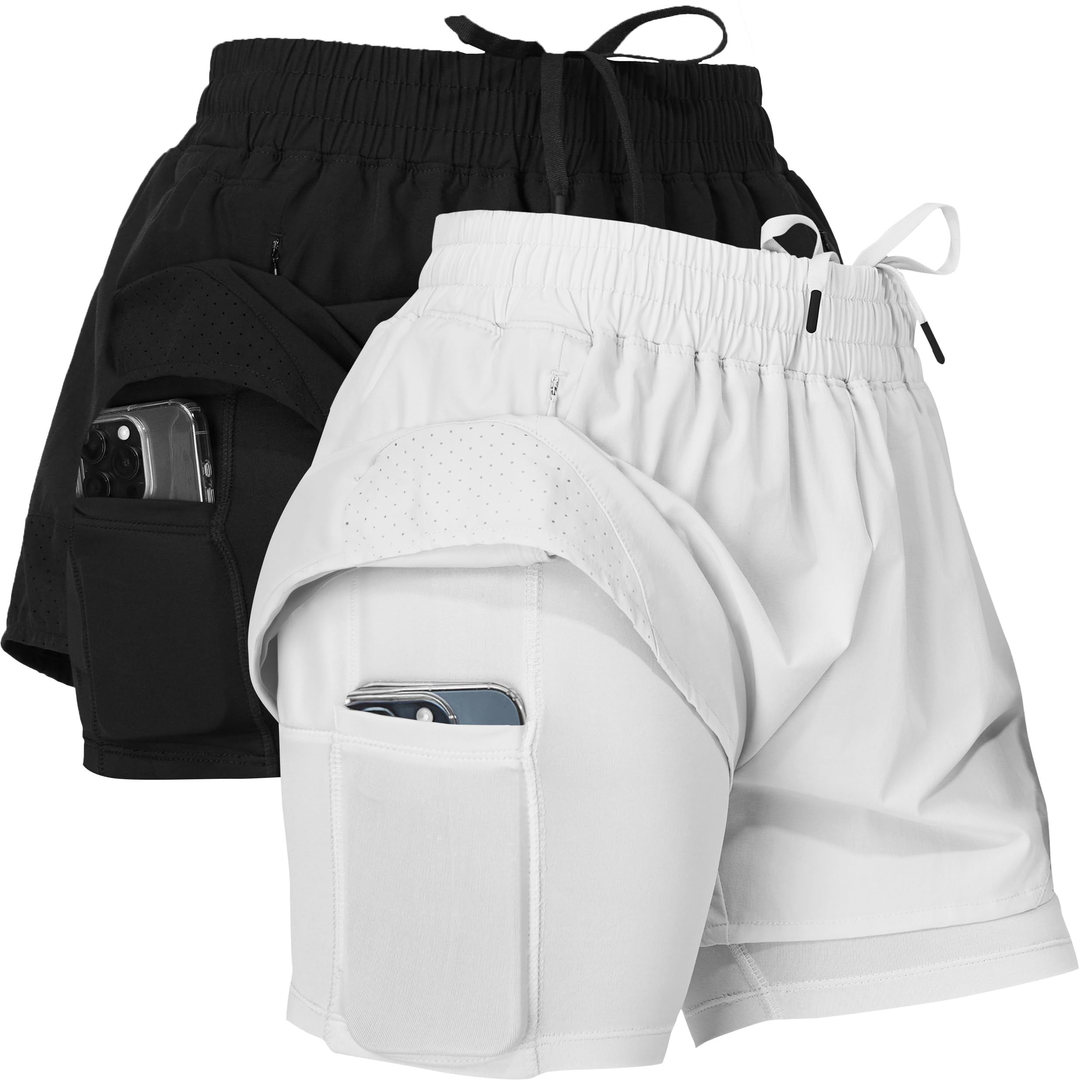 ultra performance gym shorts women pack of 2, nylon compression workout shorts women with liner, medium black, white