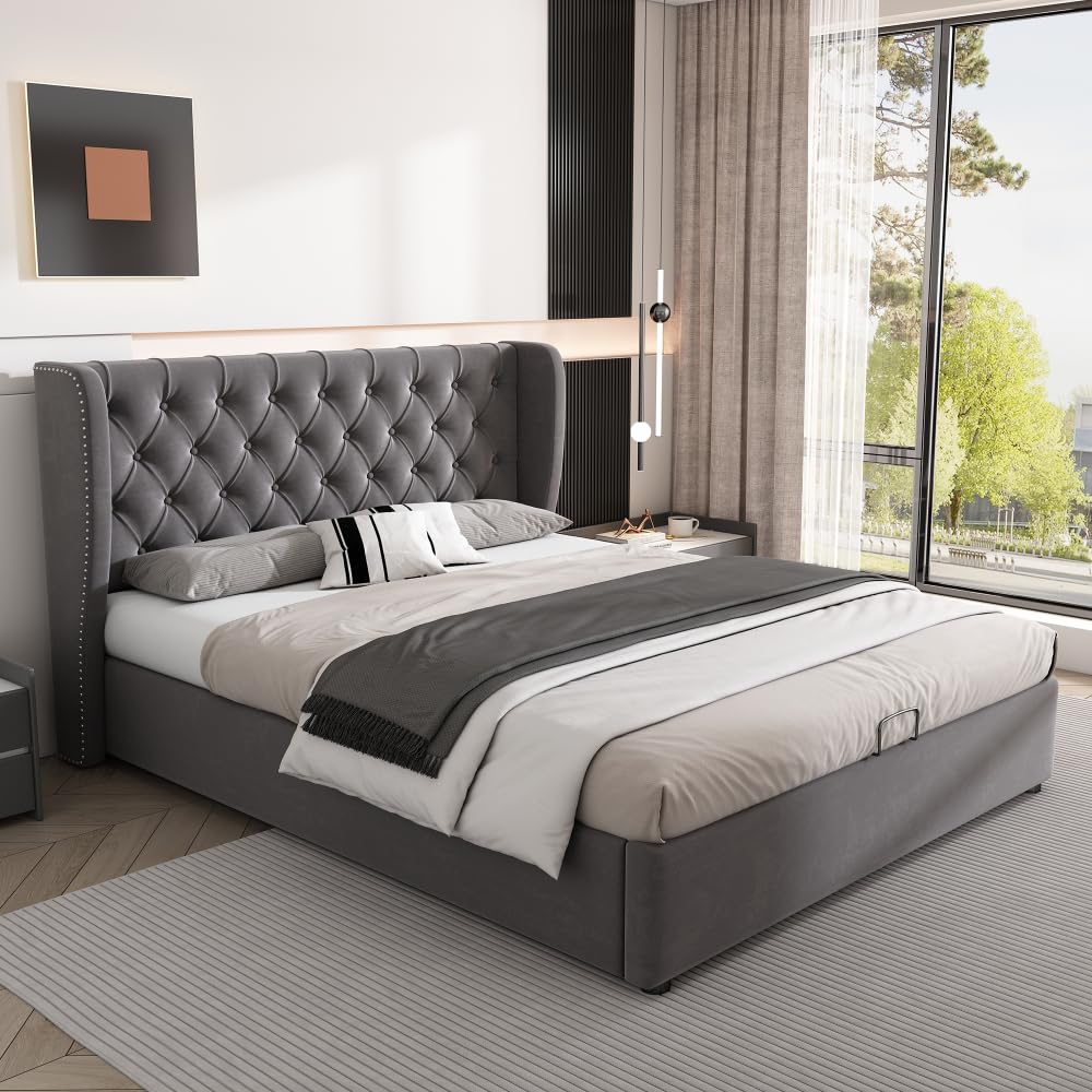 Lubvtti Letto imbottito in velluto a forma di orecchio,letto matrimoniale con spazio di stoccaggio idraulico,letto contenitore matrimoniale con rete a doghe (Grigio,180x200)