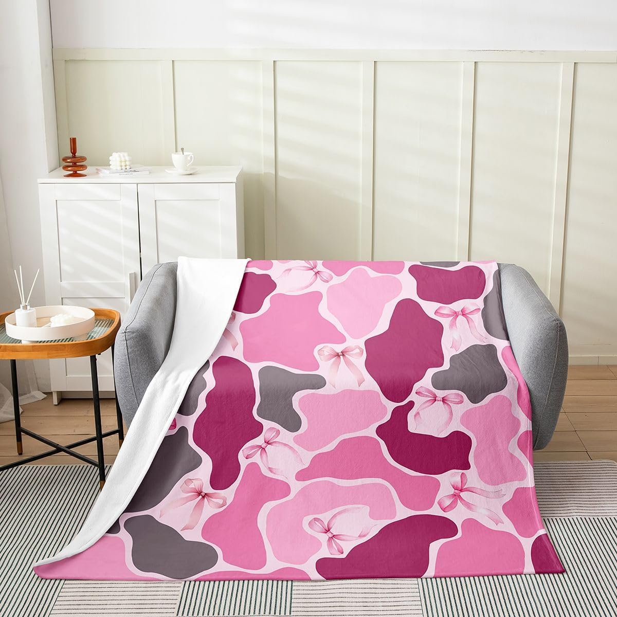 Erosebridal Pink Bow Camo Blanket Queen 90x90 Girly Army Camouflage Flannel Blanket for Bed Sofa Crib Conquette Bows Ribbon Bedroom Decor Farmhouse Bowtie Fuzzy Plush Throw