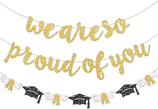 Glitter Gold We Are So Proud of You Banner, Congrats Grad Cap Garlands Class of 2026 Congratulations Graduate Banner for Graduation Party Decorations, No DIY.