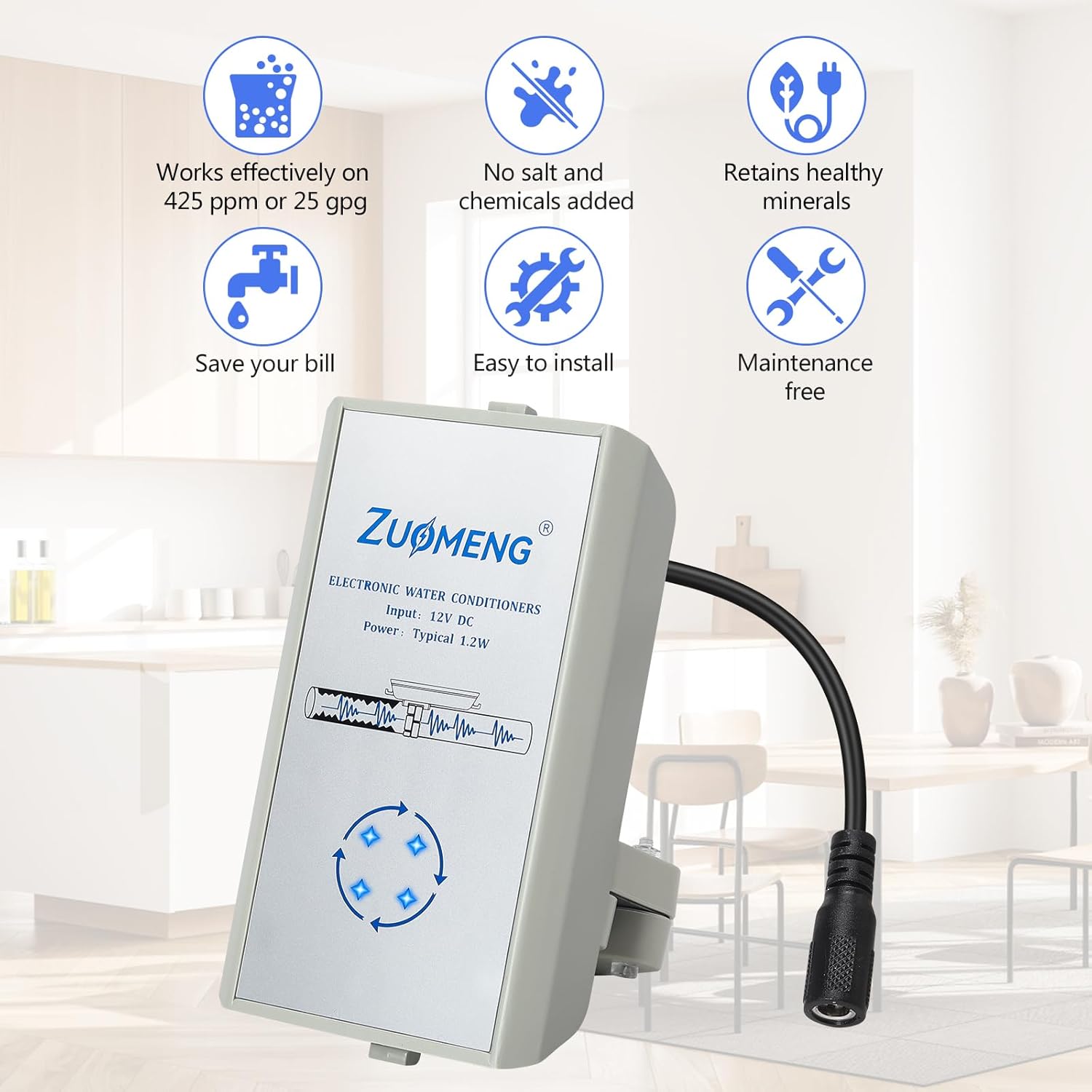 Electronic Water Descaler, Zuomeng Whole House Descaler with High Efficiency in Dissolving Scale for 1000-3000 sq ft Homes, 1” Pipes, Water Softener Alternative, No Chemicals, Salt or Filters