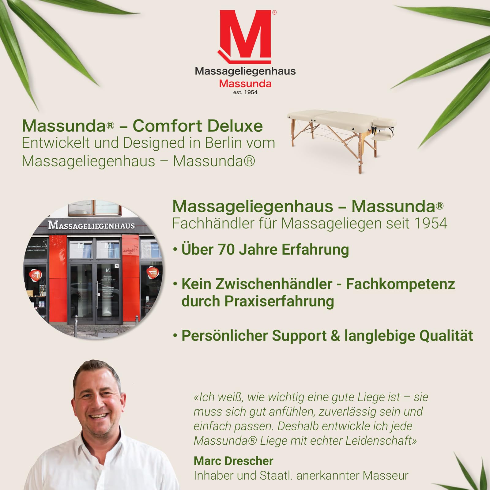 MASSUNDA – Mobile Comfort Deluxe Massageliege klappbar & höhenverstellbar – EXTRA breiter Massagetisch aus Vollholz – Massagebank mit ergonomischer Kopfstütze, Bezug, Armlehne, Kissen (Creme)