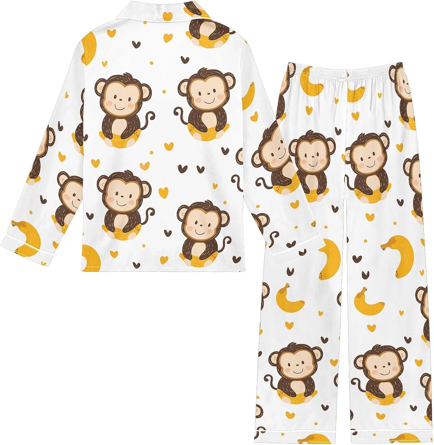Kids Casual Satin Wear Set Monkey Banana Pattern Unisex Relaxed Fit Clothing