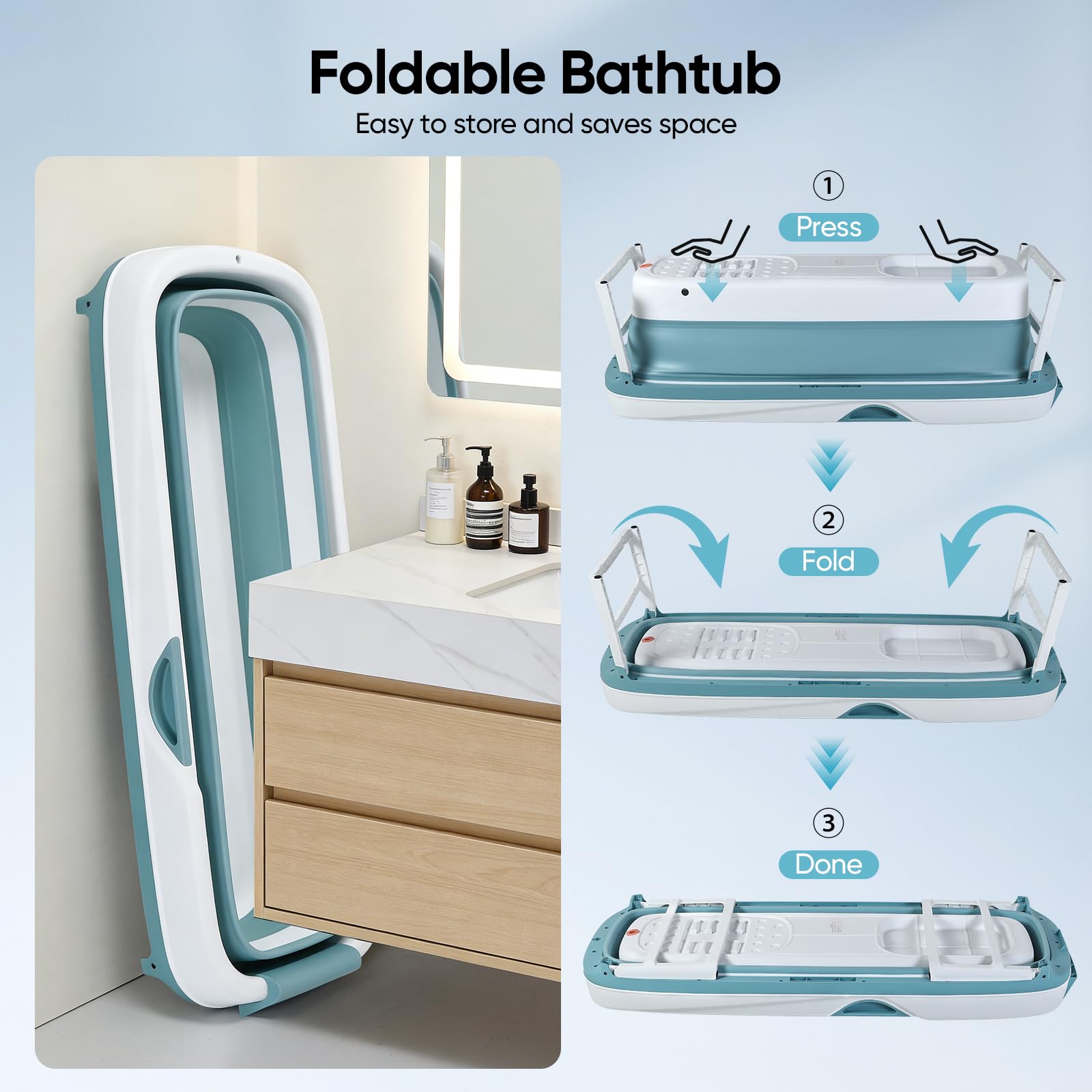 Faltbare Badewanne Erwachsene,157 x 58 x50 cm mit Isolierabdeckung neigbarer Rückenlehne erhöhtem Sitz U-förmiger Kopfstütze und Fußmassagerollen zwei Abflussöffnungen geeignet Duschen Balkone