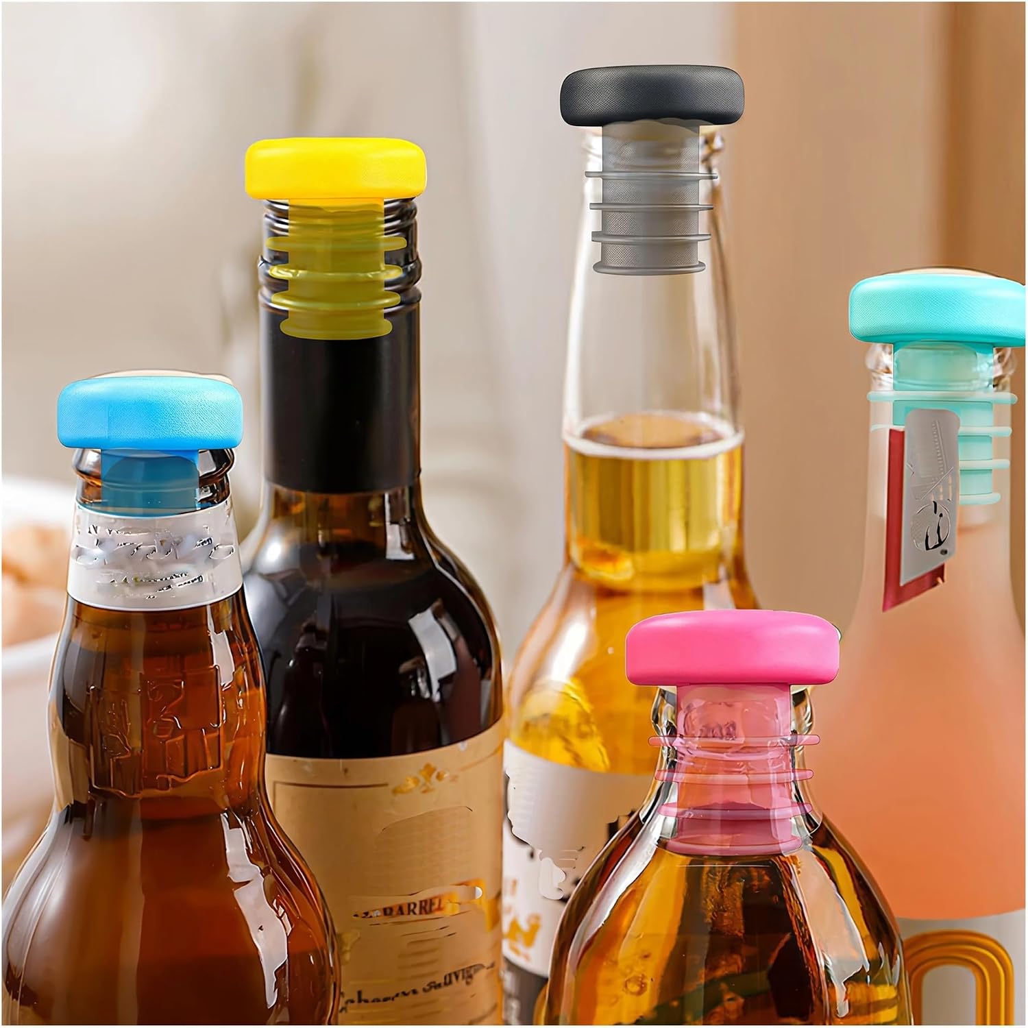 Bottle Cap Replacement Plugs 15pcs Reusable colorful silicone bottle stoppers, 5 pieces per set, multi-purpose wine sealing caps