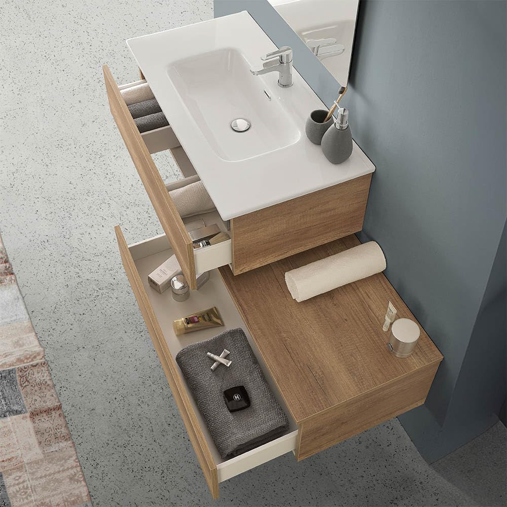 Inbagno Mobile Bagno Sospeso 90 cm Rovere Naturale – Composizione Modulare Con Lavabo In Ceramica E 2 Ampi Cassettoni Soft-Close – Linea Nadia