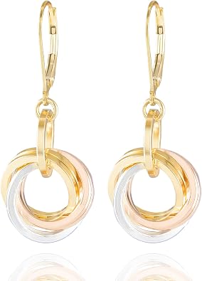 Tricolor Chunky Love Knot Leverback Earrings for Women | Sterling Silver & 14K Yellow/Rose Gold-Filled Circles | Secure Modern Everyday Mixed Metal Jewelry Gift for Her