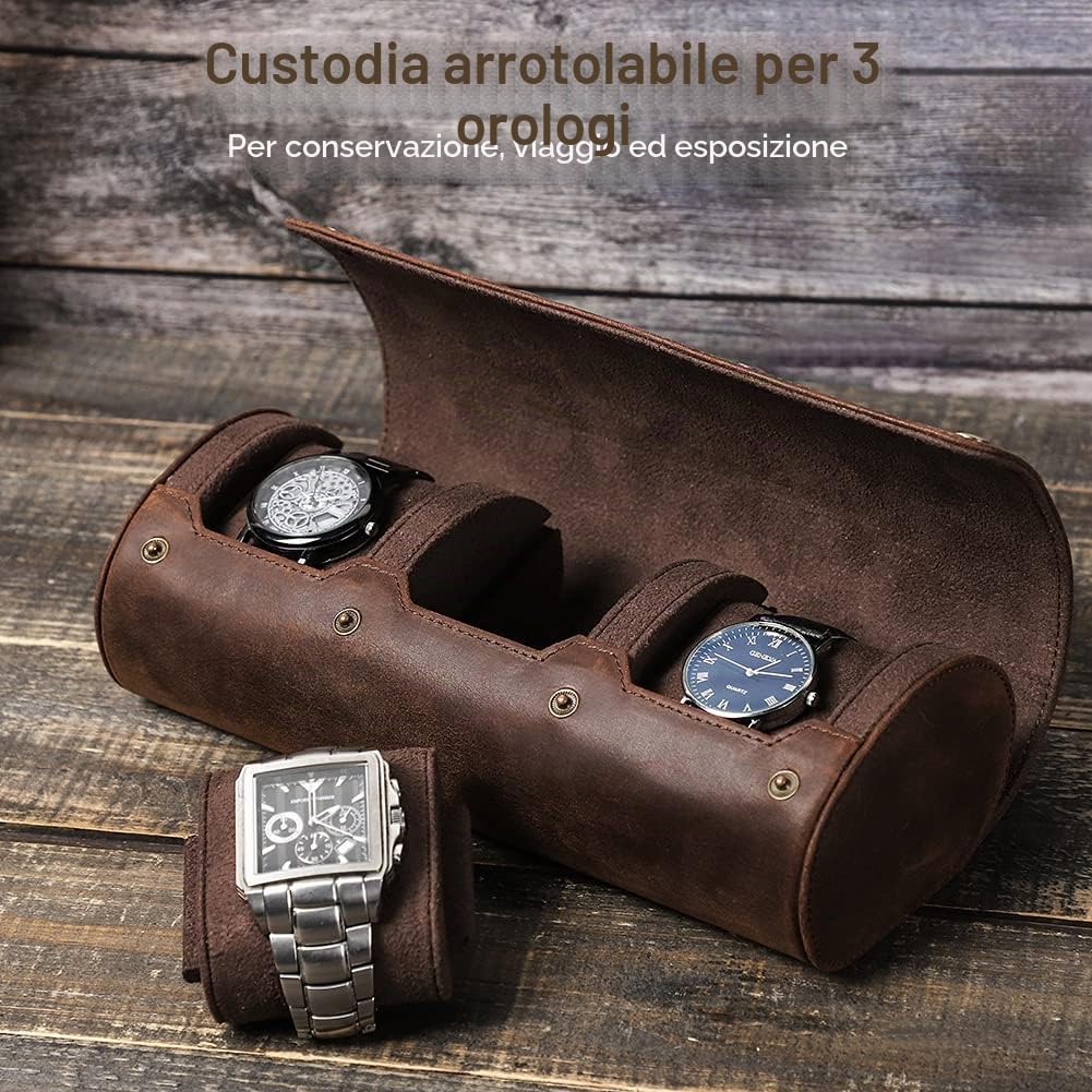 Contacts, Custodia per orologi e gioielli in vera pelle, cilindrica, protettiva, da viaggio, con cuscinetto cilindrico e morbida fodera (Caffè 2, per 3 orologi)