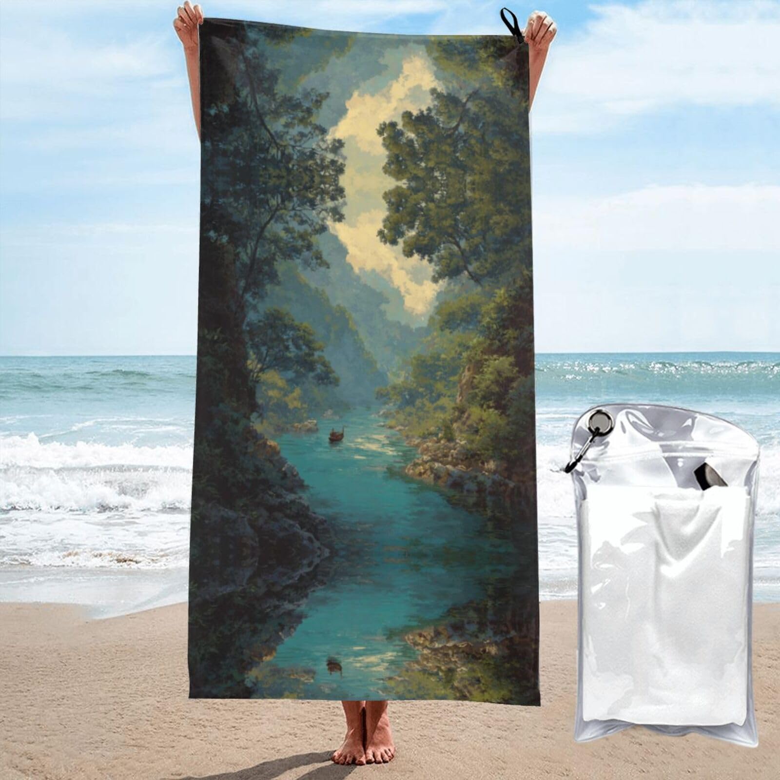 ESNAIUVCD River Scenery Print Beach Towel, Microfibre Sauna Towel, Quick-Drying Fitness Towel, Lightweight And Thin Portable Sauna Towel