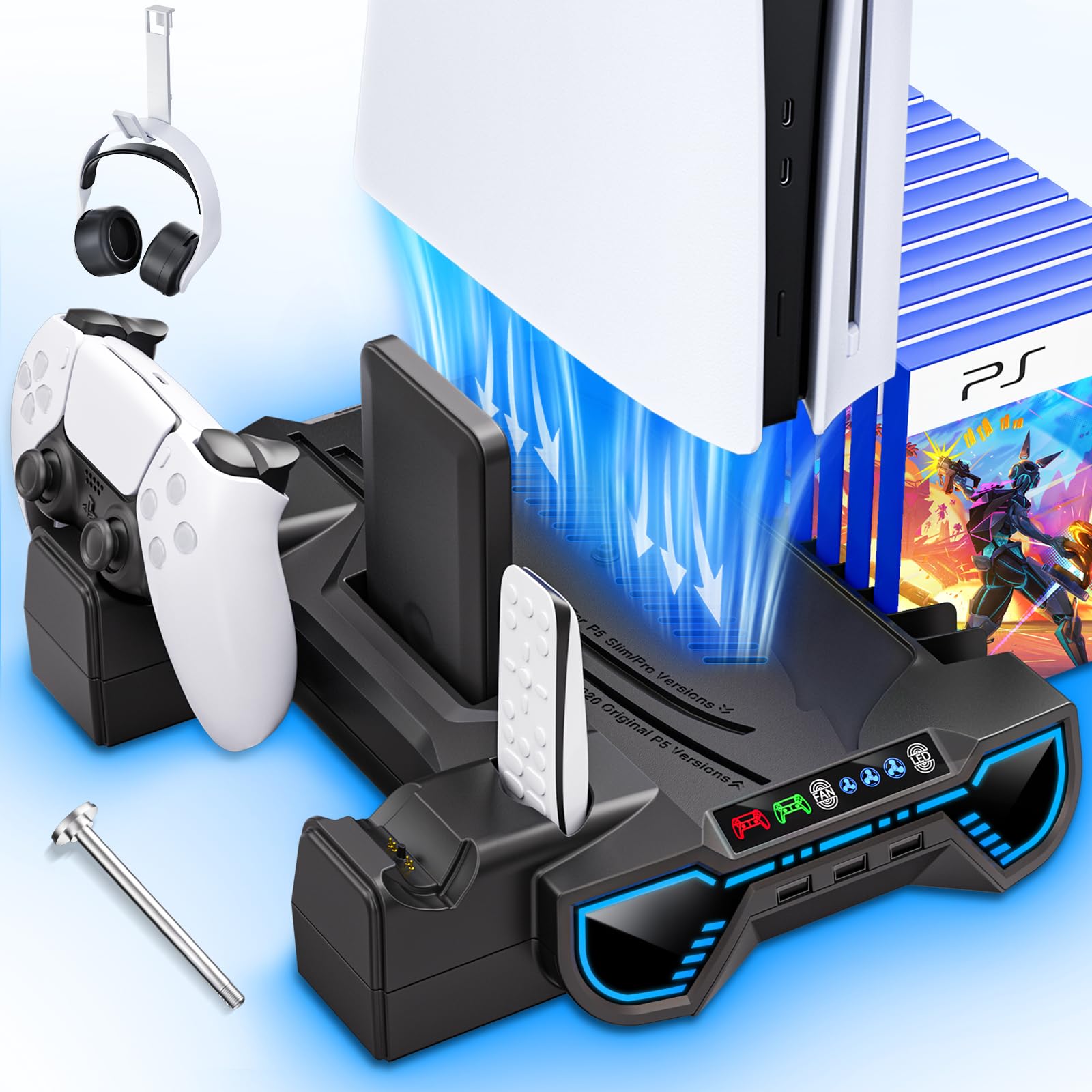 Cooling Station with Controller Charging Station for PS5/Slim/Pro Console | Cooling stand and Controller Charger Accessories for Playstation 5 - LED Light, Turbo Fan, Headset Holder, 3 USB Hub, Black
