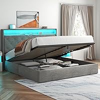 Vista 11 de Loomie Marco de Cama con Elevación Completa con Estación de Carga y Luces LED, Cama Tapizada con Cabecera de Almacenamiento Wingback con Botones