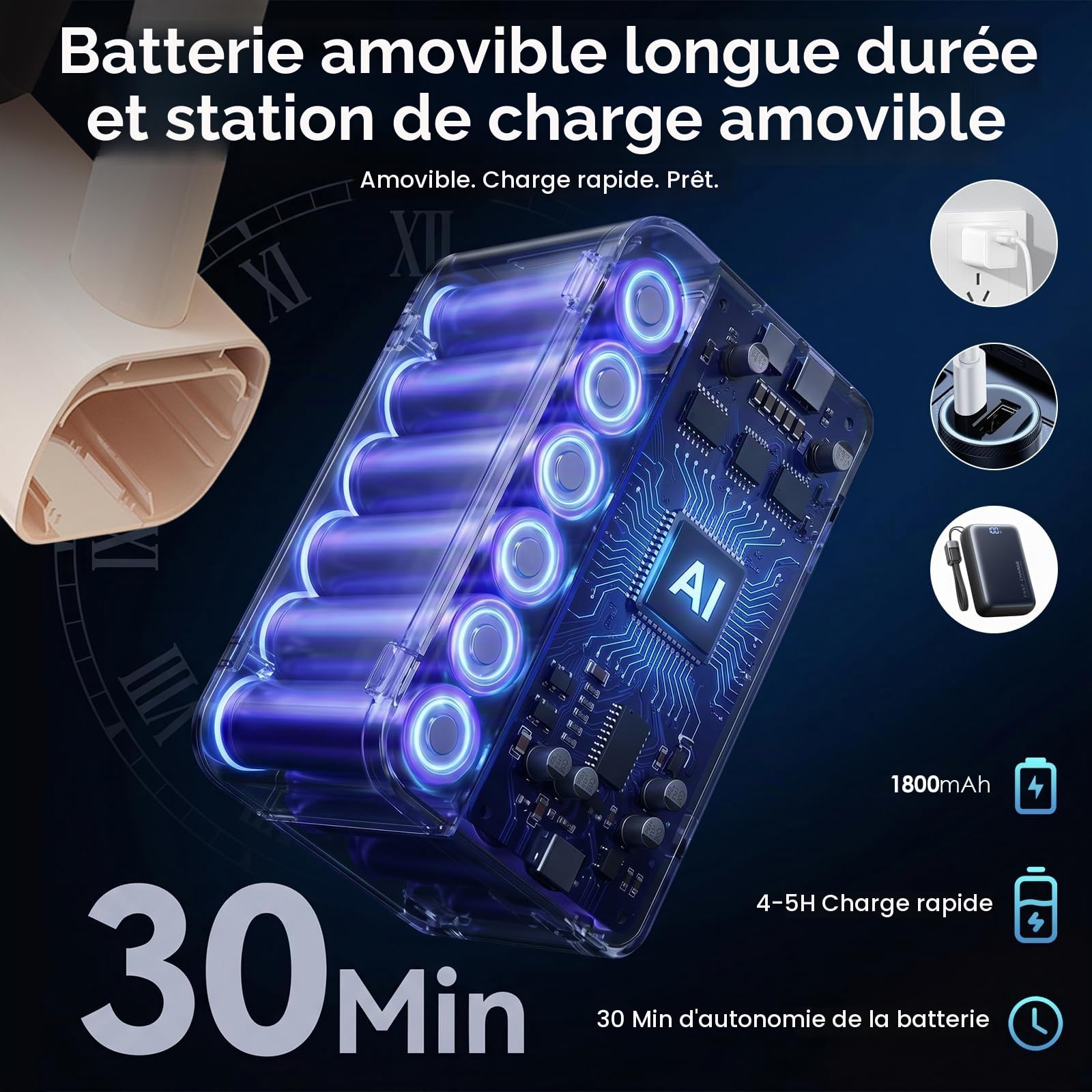 Aspirateur Balai sans Fil avec Fonction Serpillère, 2-en-1 Aspirateur Balai et Serpillère, Puissant 8000Pa, Autonomie 30 Min, Léger et Portatif pour Sols Durs, Tapis et Poils d'animaux