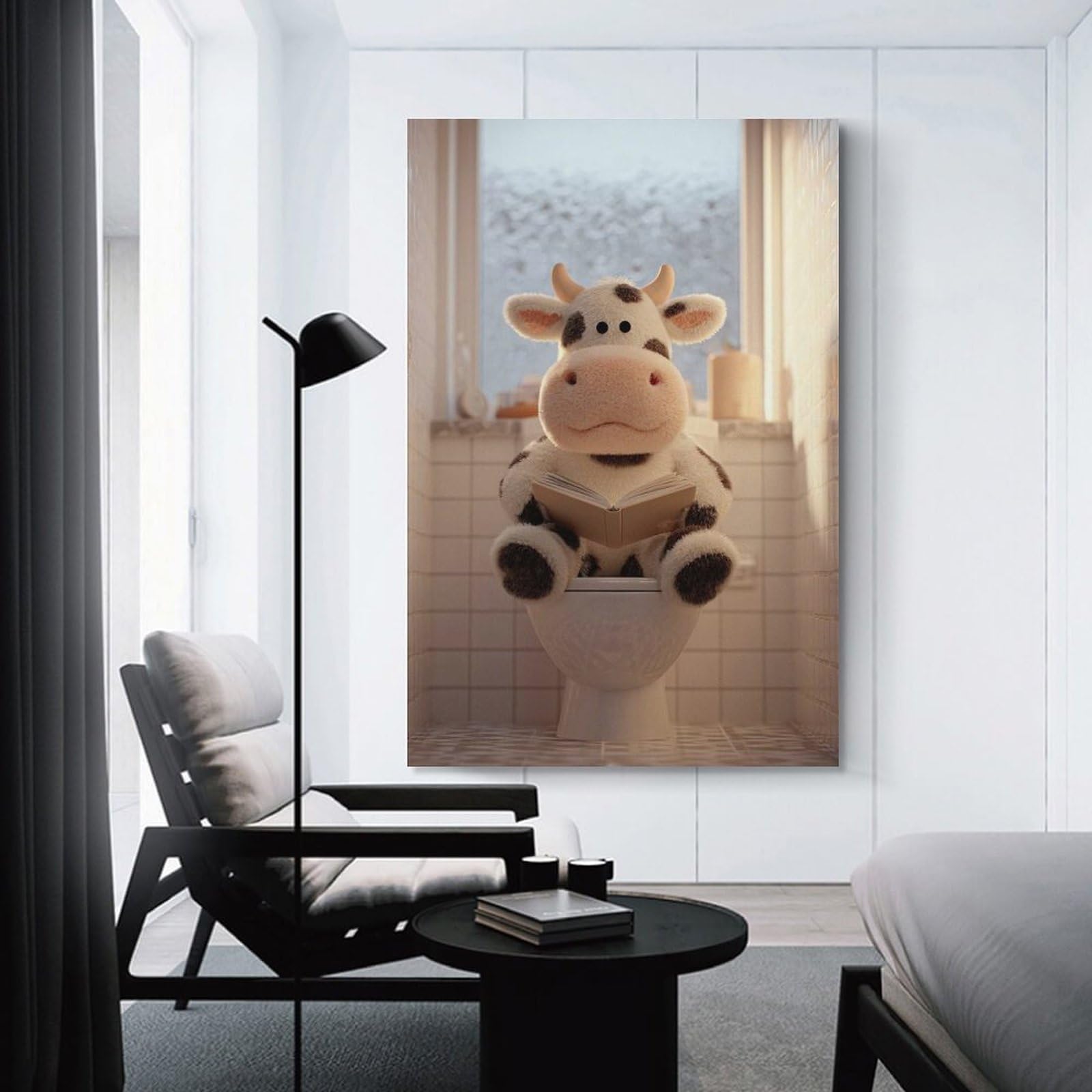 Junmoney Cow Reading on Toilet Canvas Wall Decor, 24x36inch(60x90cm), for Gallery Wall Decor And Room Displays, Wall Decor Suited to Curated Displays