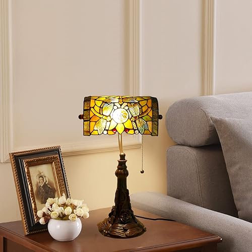 Miniatura 8 de Lámpara de escritorio antiguas con diseño de libélula de rosas, lámpara de mesa de banquero con cadena de tracción, lámpara de escritorio vintage