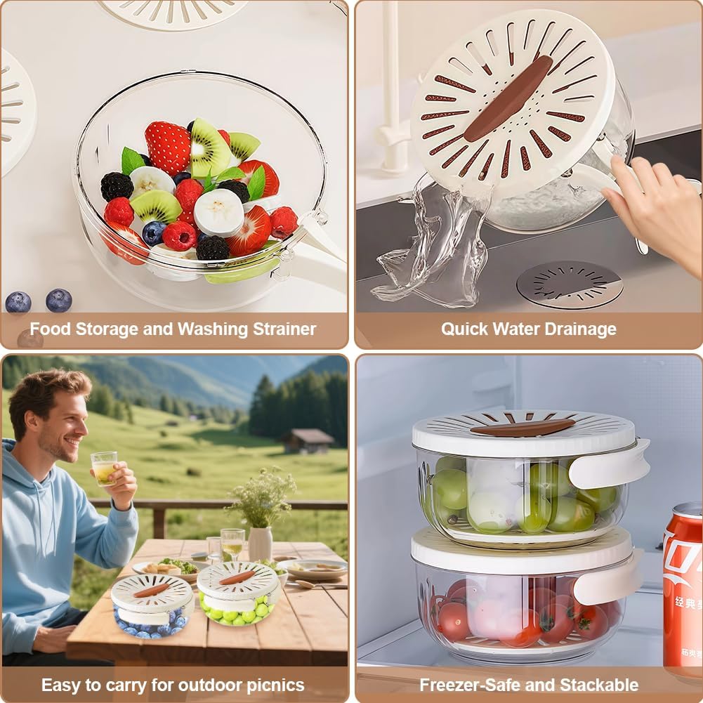 Multifunctional Fruit Washing Bowl, Berry Washing Bowl,Foldable Handle Fruit Strainer Container with Lid, Kitchen Colanders & Food Strainers, Suitable for Washing Fruits and Vegetables
