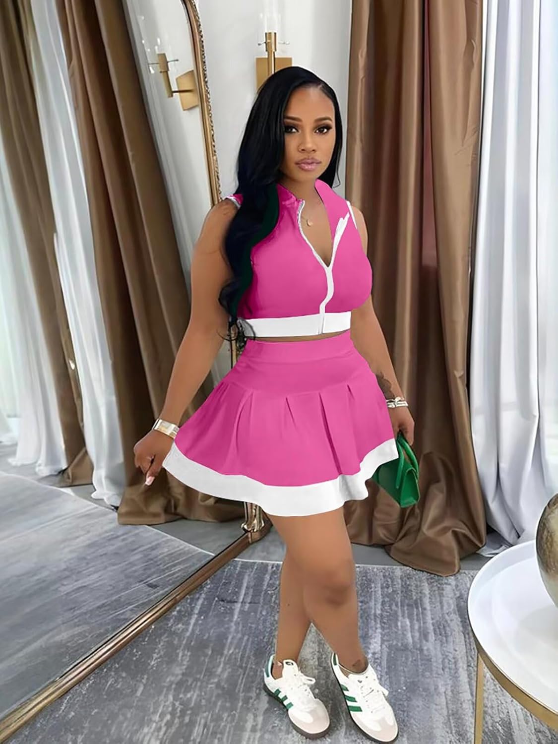 Ophestin Women 2 Piece Outfits Colorblock Workout Tennis Skirt Sets Zipper Crop Top Pleated Mini Dress Going Out Party - Image 2