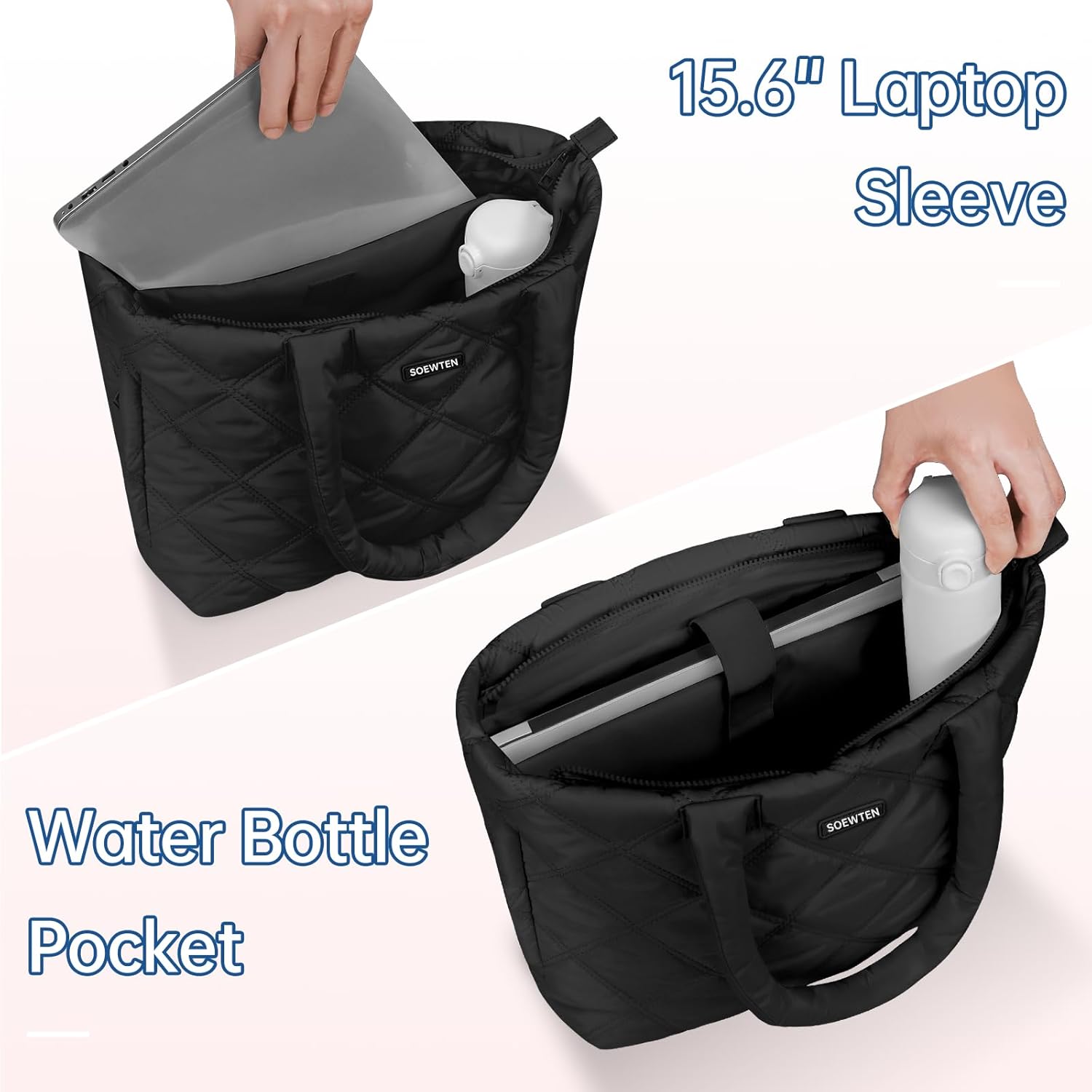 soewten Puffer Tote Bag for Women, Quilted Bag with Zipper, Small Tote HandBags for Work, Travel