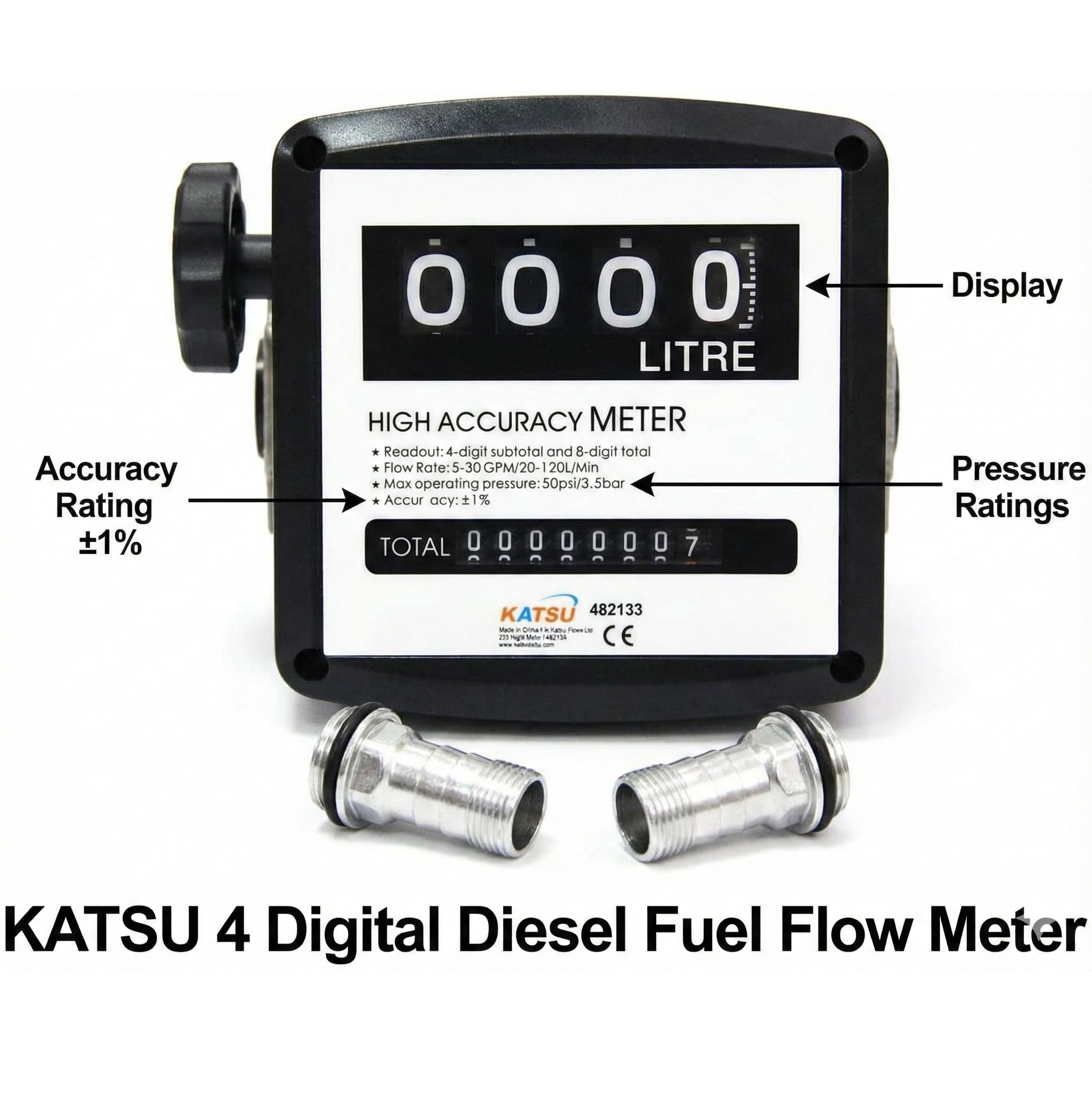 KATSU 4 Chiffres Compteur de Débitmètre de Mazout Diesel, Réservoir de Transfert de Pompe à Carburant Débitmètre Mécanique 3,5 Bars Précision 1%