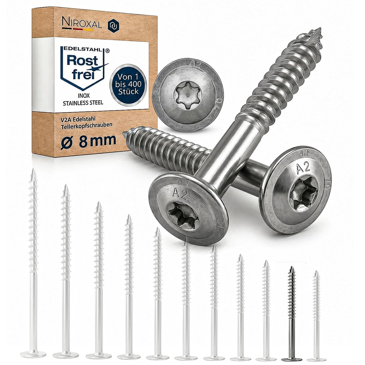 Śruba z łbem talerzowym ze stali nierdzewnej A2 ETA 8 x 70 TX40 Torx śruba budowlana do drewna V2A do budowy drewna pergola krokwie 400 sztuk