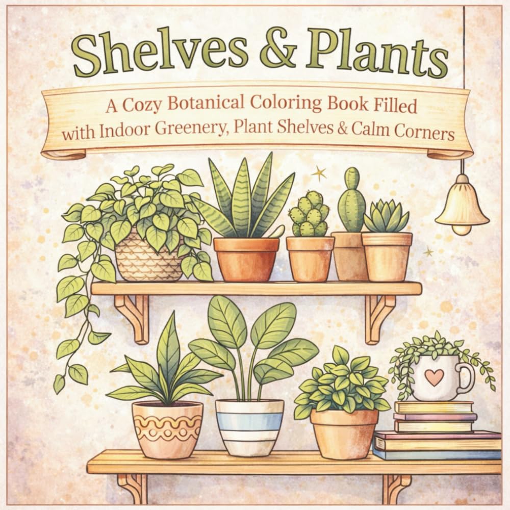 Shelves & Plants: A Cozy Botanical Coloring Book Featuring Indoor Plants, Plant Shelves, and Calm Home Corners for Relaxation and Stress Relief