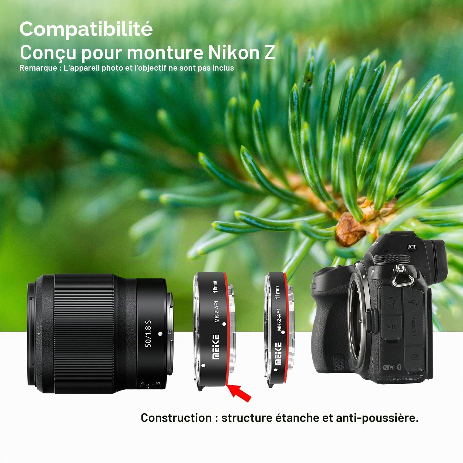 Meike MK-Z-AF1 Ensemble de Tubes d'extension Macro à Mise au Point Automatique en métal (11 mm + 18 mm) Compatible avec Nikon Z5 Z6 Z6II Z7 Z7II Z50