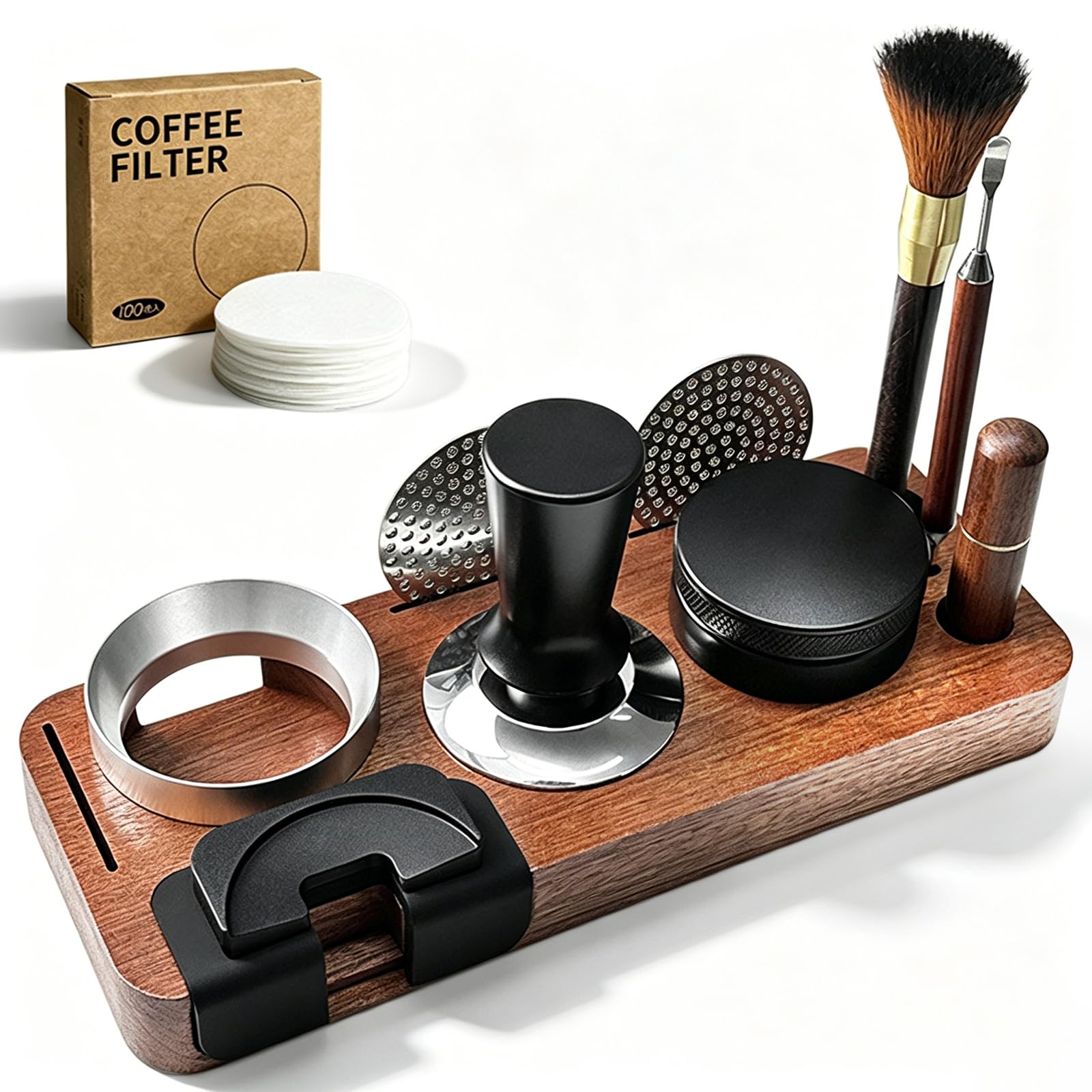 Juego de 10 prensadores de café con estación de prensado, 51 mm, juego de accesorios para café expreso con herramienta WDT, anillo dosificador, pantalla Puck, cepillo de limpieza, tapete, accesorios