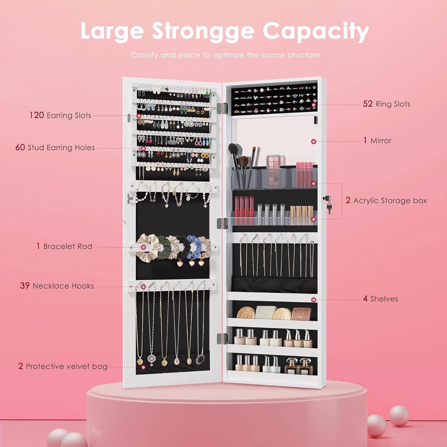 PEALSN Full Length Mirror Jewelry Organizers and Storage Cabinet, Wall or Door Mounted, Necklace Ring Earring, and Makeup Storage Lockable Gift Armoire, White.