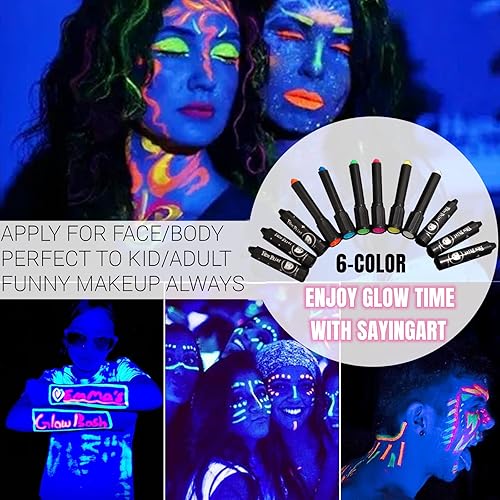 Miniatura 6 de SayingArt - Pintura facial brillante, de 2 vías, neón que brilla consin luz negra, kit de pintura facial para niños, no tóxica reactiva al agua que