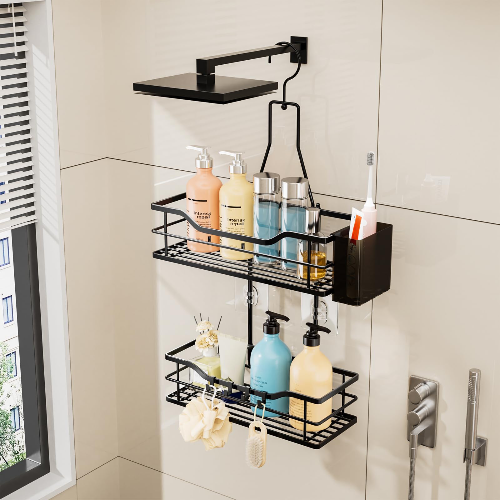 HapiRm Wiszący organizer prysznicowy – 2-poziomowy organizer łazienkowy z obrotowym hakiem górnym o 360° i 4 haczykami, czarny, nierdzewny, wiszący regał prysznicowy na szampon, odżywkę i