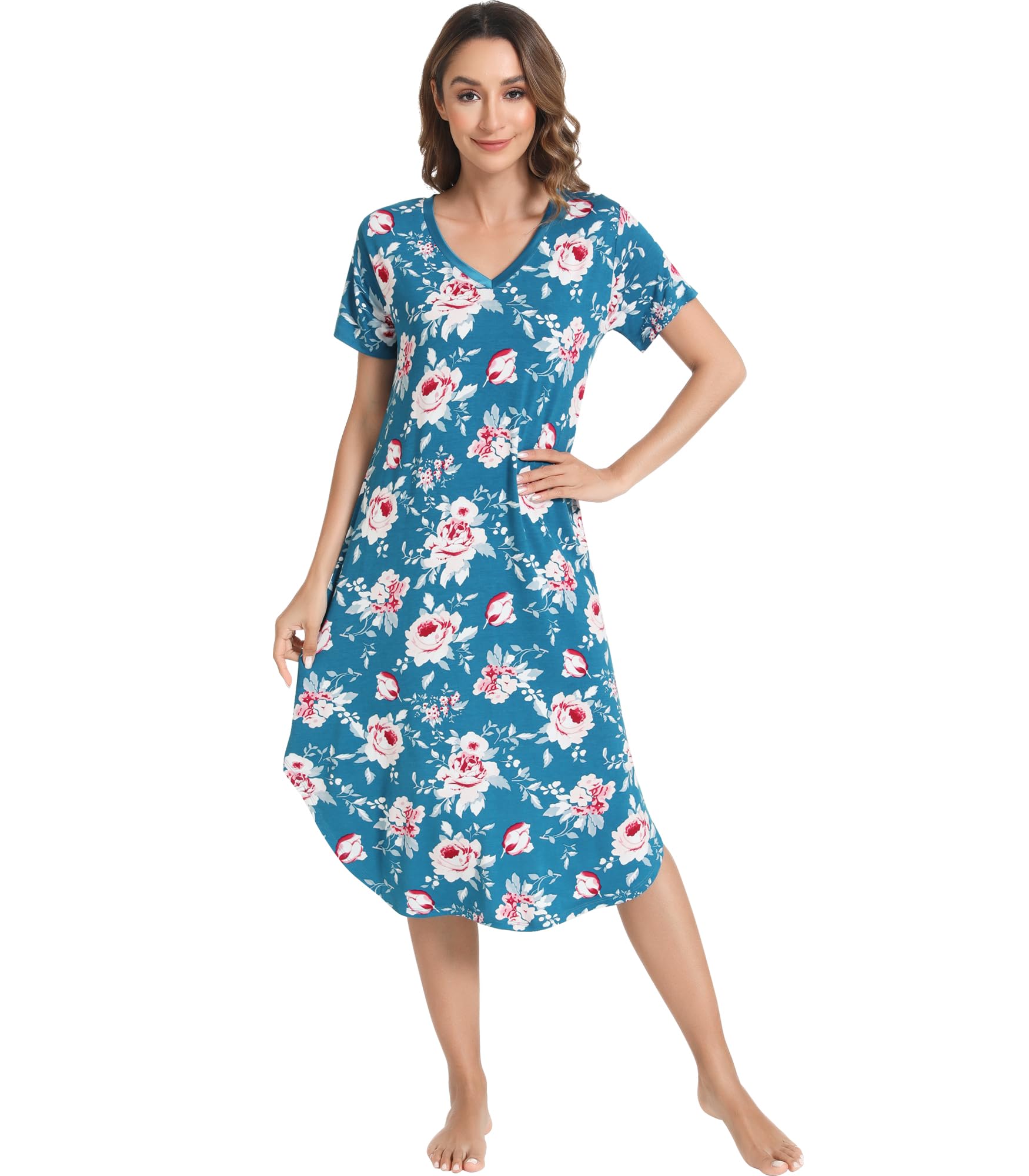 NACHILA Bamboo Viscose Nightgowns for Women Cooling Short Sleeve Sleepshirt | Soft V Neck Night Gowns, Moisture-Wicking Sleepwear for Hot Flashes &amp; Night Sweats, Ladies Nightshirts for Sleep, Home, Gift