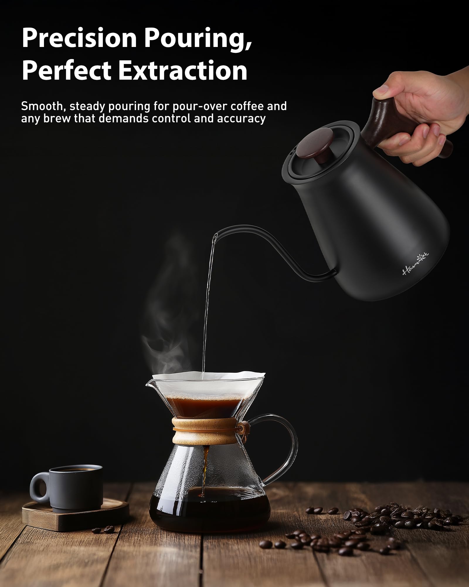Harriet Gooseneck Electric Kettle, 0.8L, 1°F Control, Brew Timer | 120-Min Keep Warm, 104–203°F Control, Built-In Brew Timer, SUS304 Stainless Steel, Wood-Accent Handle for Pour-Over Coffee