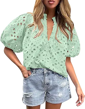 BETTE BOUTIK Women's Long Short Sleeve Tops 2025 Dressy Casual Button Hollow Out Lace Embroidered Blouses Shirts