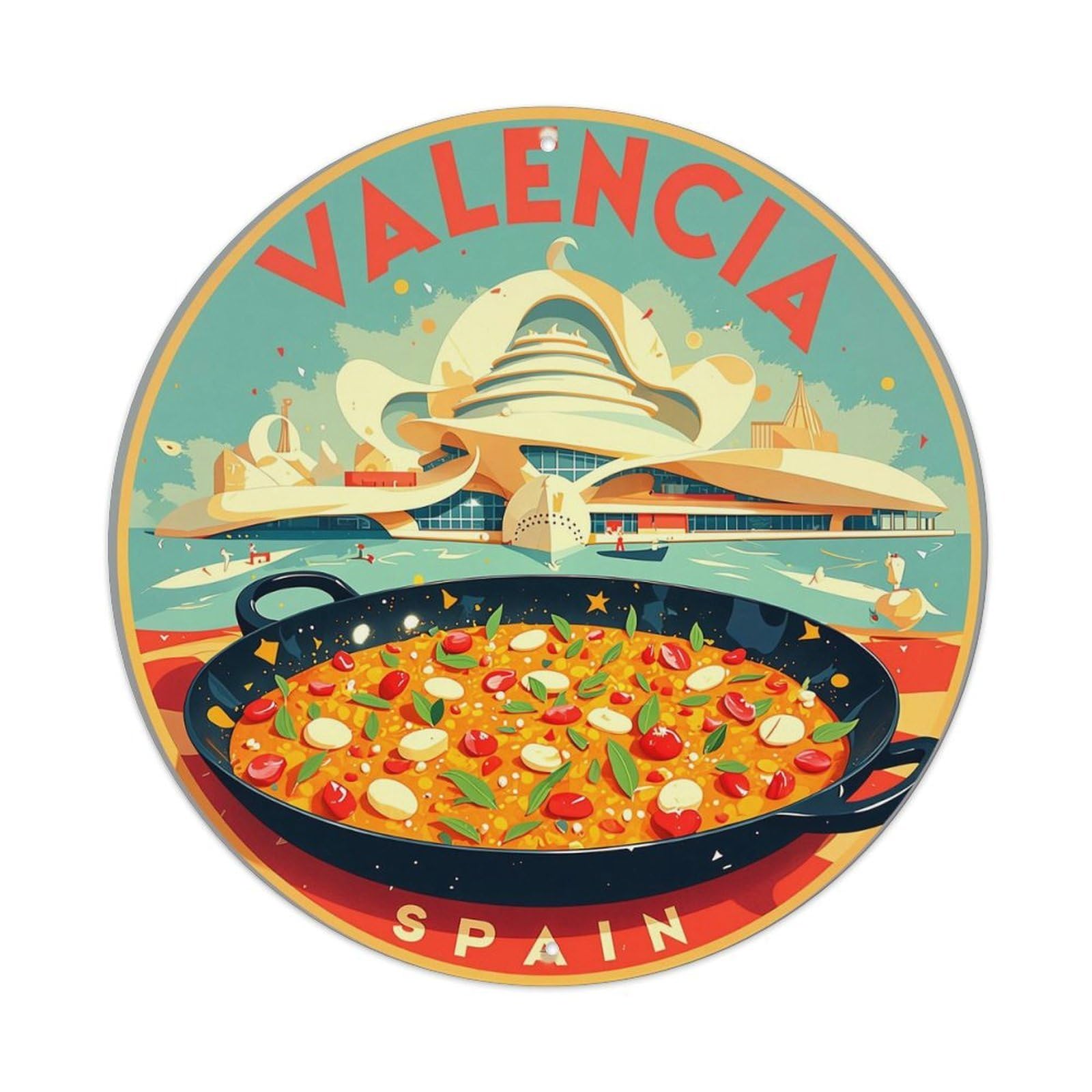 Valencia Spain Paella Architecture Skyline Retro Metal Sign Round Tin Sign, Vintage Decor Art Poster for Bar, Home, Man Cave, Kitchen, Laundry Room Gift 8x8Inch