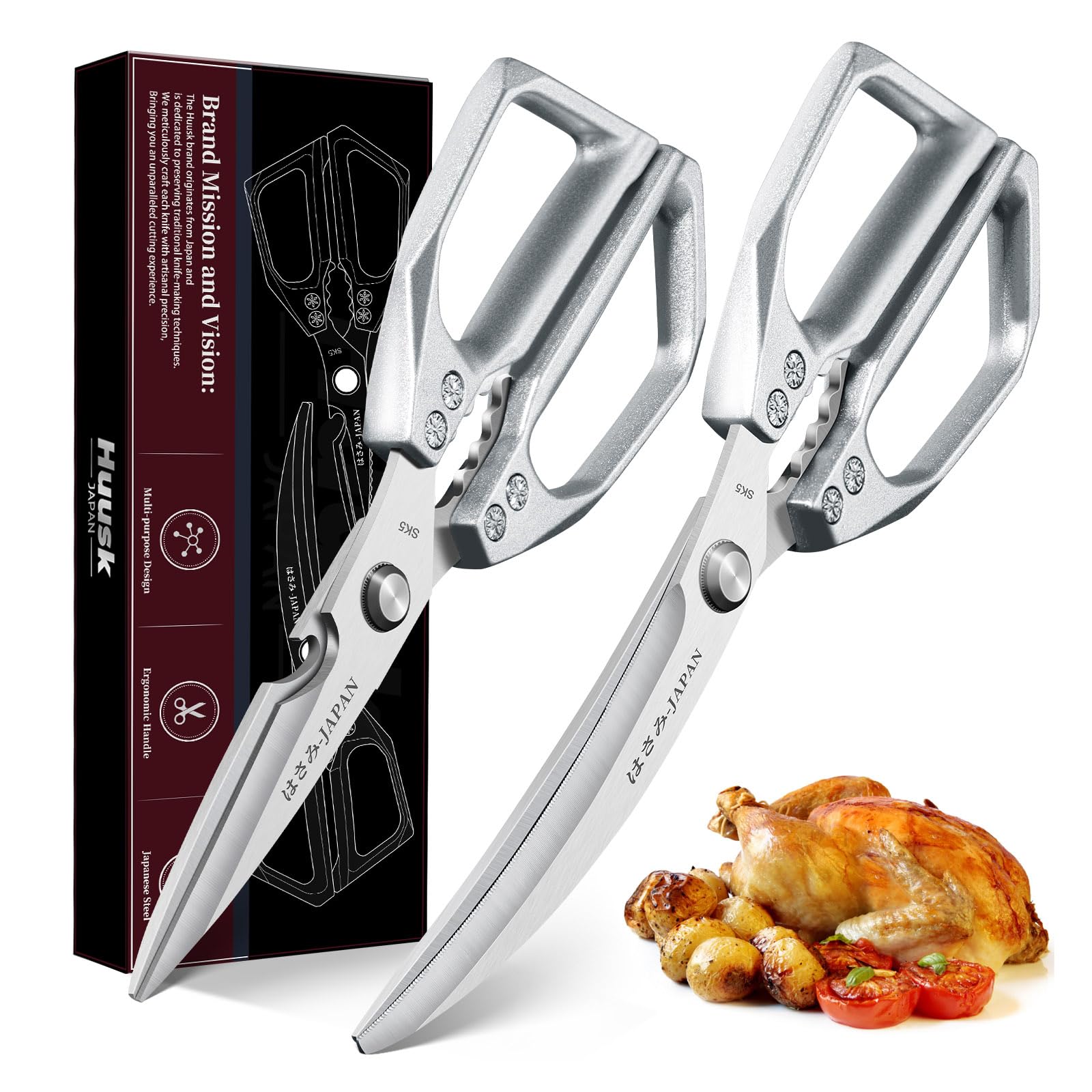 HUUSK Kitchen Scissors Set Silver - Stainless Steel Kitchen Shear, Sharp Meat Scissors Dishwasher Safe, Heavy Duty Poultry Shears, Japanese Cooking Scissor for Food, Chicken Bones, and Turkey