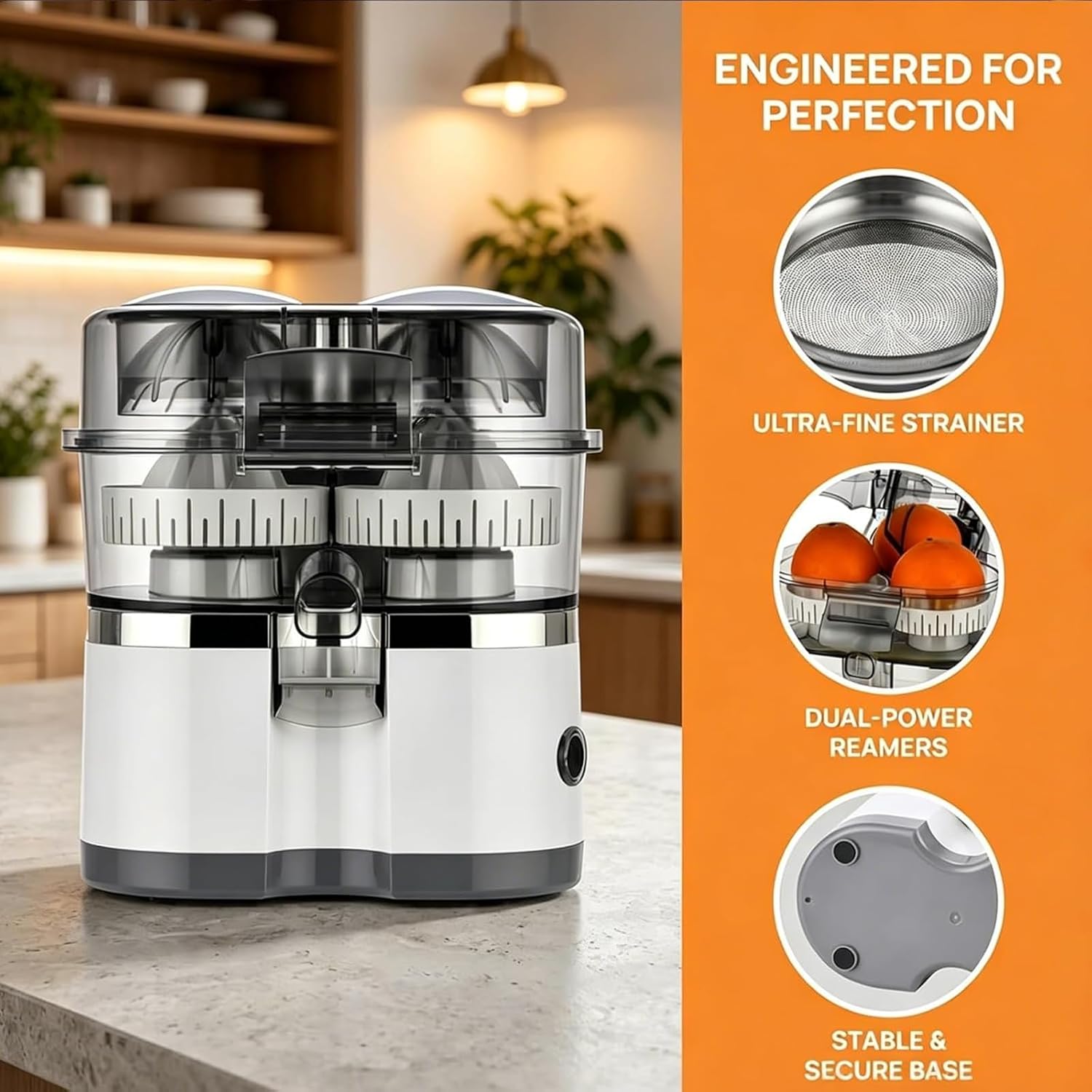Dual-Head Automatic Citrus Juicer, Dual-Head Electric Citrus Juicer, Electric Orange Squeezer Machine with Built-in Cutter and Cleaning Brush, One-touch Squeezer for Orange & Lemon (White)