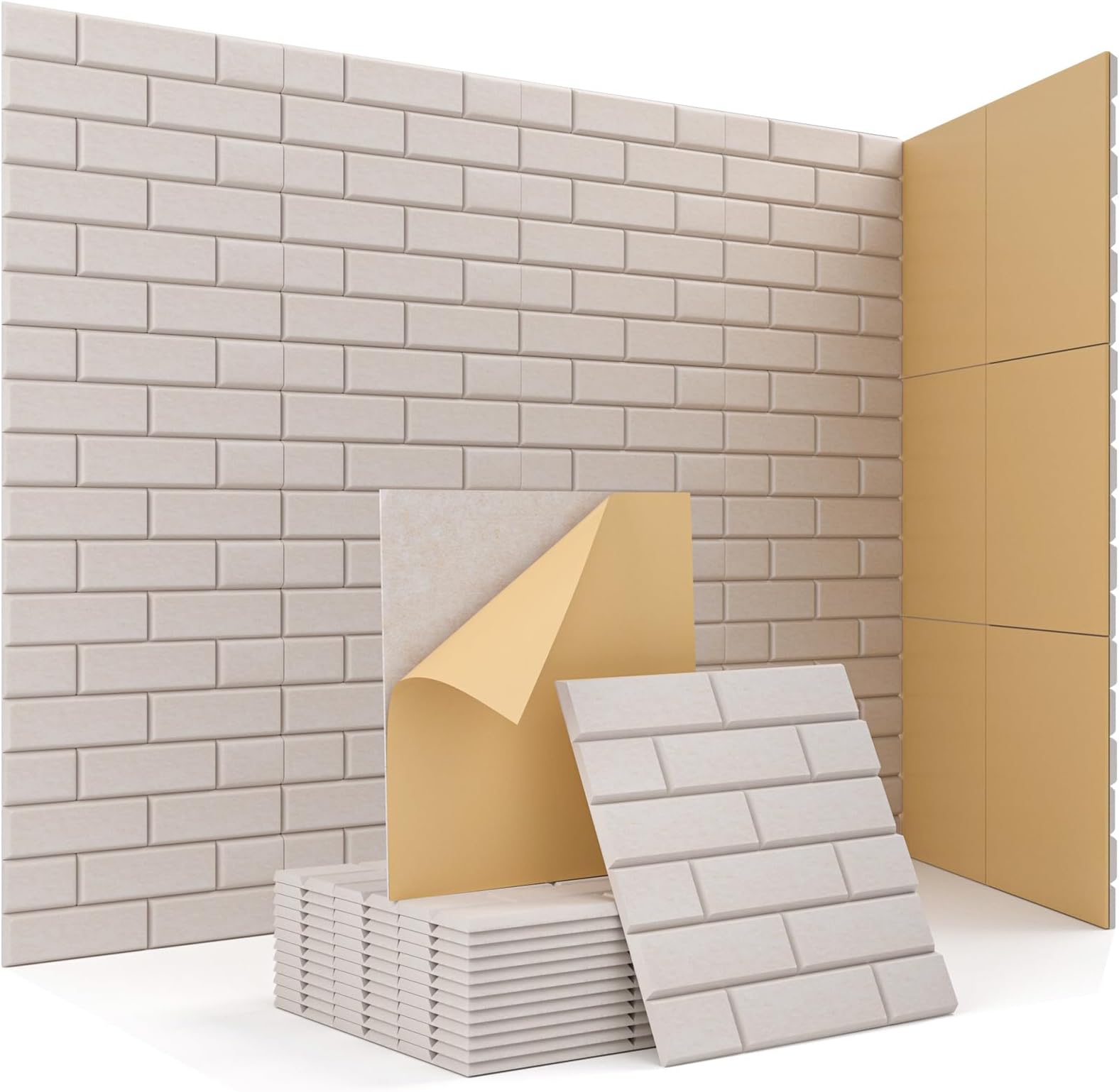 Soundproof Wall Panels, Kuchoow Acoustic Panels Self-Adhesive, 18 Pack Acoustic Wall Panels High Density, Sound Proof Panels for Walls Home Studio Office 12" X 12" X 0.4" Beige
