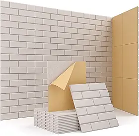 Kuchoow Painéis acústicos de parede para sala e escritório, absorção de som, pacote com 12 unidades, estampa de tijolos, bege, arte autoadesiva, tratamento acústico, azulejos para porta de teto