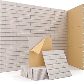 Kuchoow Painéis acústicos de parede para sala e escritório, absorção de som, pacote com 12 unidades, estampa de tijolos, bege, arte autoadesiva, tratamento acústico, azulejos para porta de teto