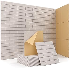 Acoustic Wall Panels, Brick Pattern Peel and Stick Sound Absorbing Panel for Ceiling, Door, Pared, 12 Pack 12"x12"x0.4", Beige Decorative Self Adhesive Wall Tiles for Recording Studio, Room