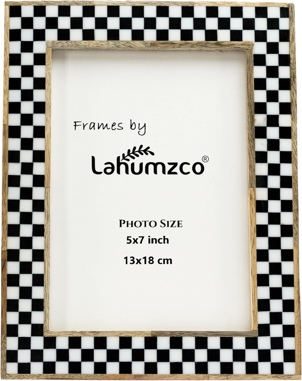 5x7 Handmade Photo Frame – Black & White Checkered Wood Pattern, Vintage Rustic Style, Tabletop/Wall Decor, Decorative Gift Boho Picture Frame for Farmhouse & Office