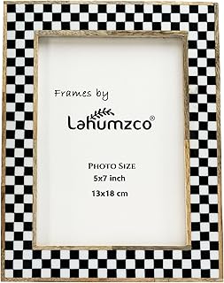 5x7 Handmade Photo Frame – Black & White Checkered Wood Pattern, Vintage Rustic Style, Tabletop/Wall Decor, Decorative Gift Boho Picture Frame for Farmhouse & Office