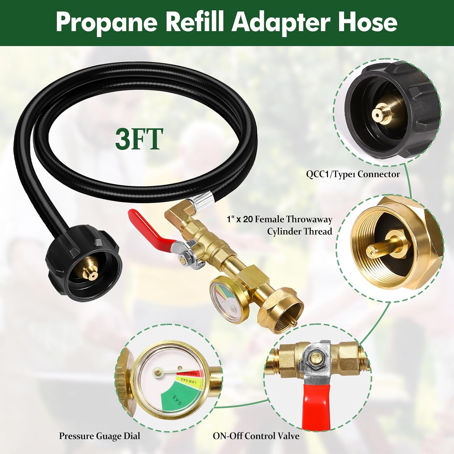 Propane Refill Adapter for 1 lb. Tanks, Upgrade 3FT/36 inch Propane Refill Hose, Propane Refill Adapter with Guage & ON-Off Control Valve, Propane Gas Tank Adapter 20 lb to 1 lb