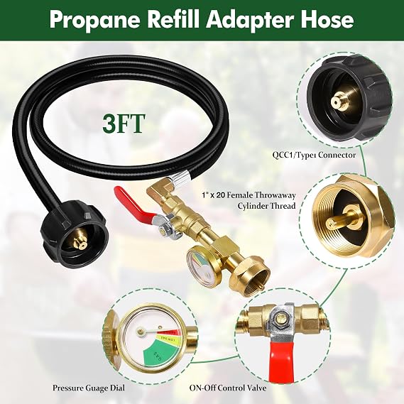 Propane Refill Adapter for 1 lb. Tanks, Upgrade 3FT/36 inch Propane Refill Hose, Propane Refill Adapter with Guage & ON-Off Control Valve, Propane Tank Adapter 20 lb to 1 lb